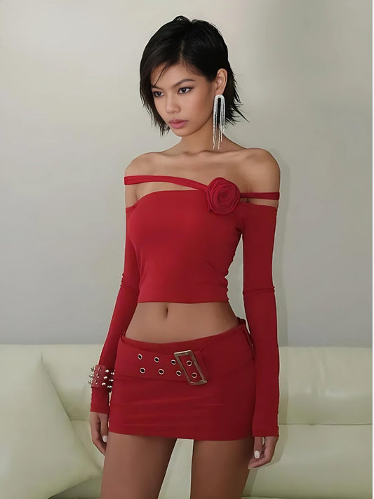 Baddie Rose Asymmetric Off Shoulder Top