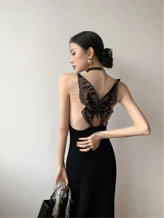 Black Butterfly Back Midi Dress