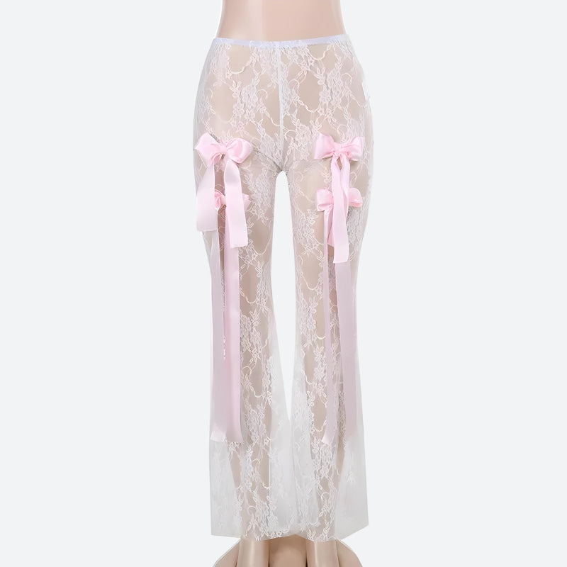 Bow Transparent Lace Flare Pants