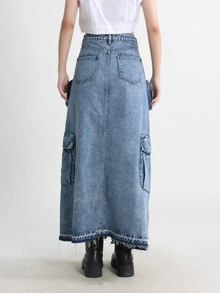 Cargo Split Denim Midi Skirt