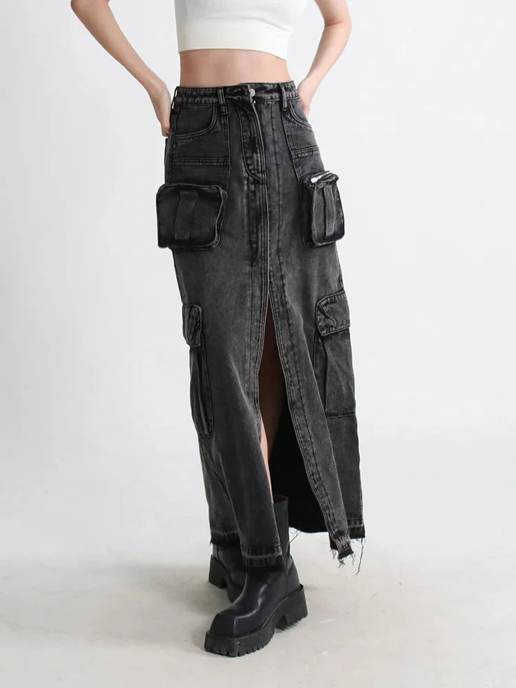 Cargo Split Denim Midi Skirt