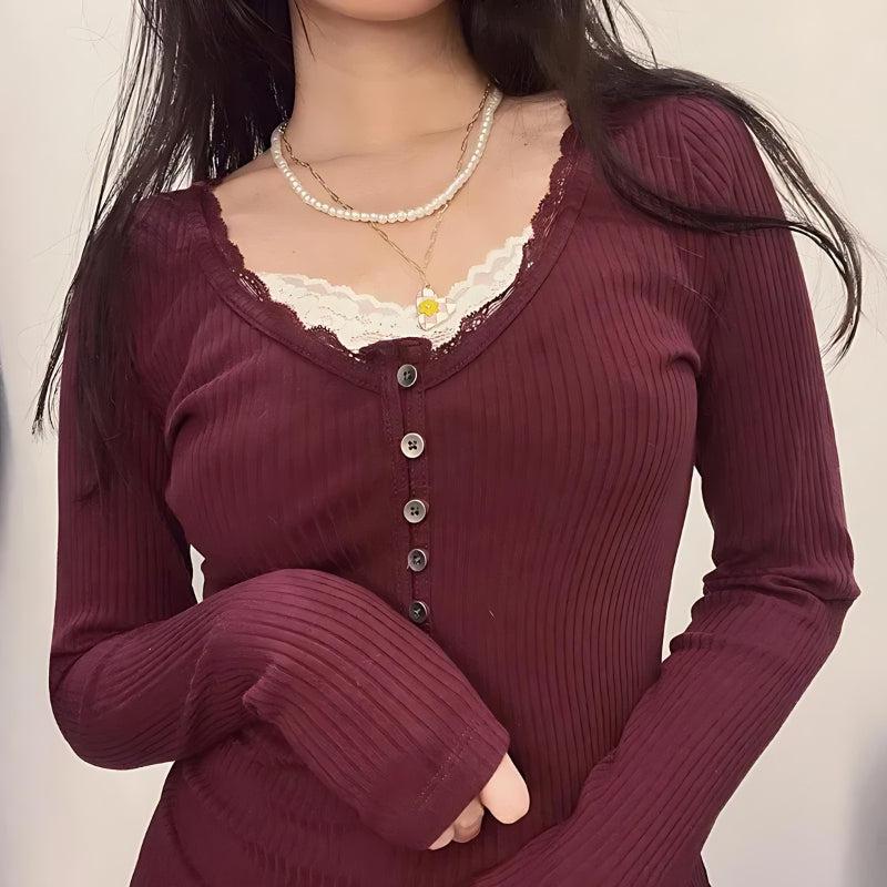 Corduroy Lace Trim Top