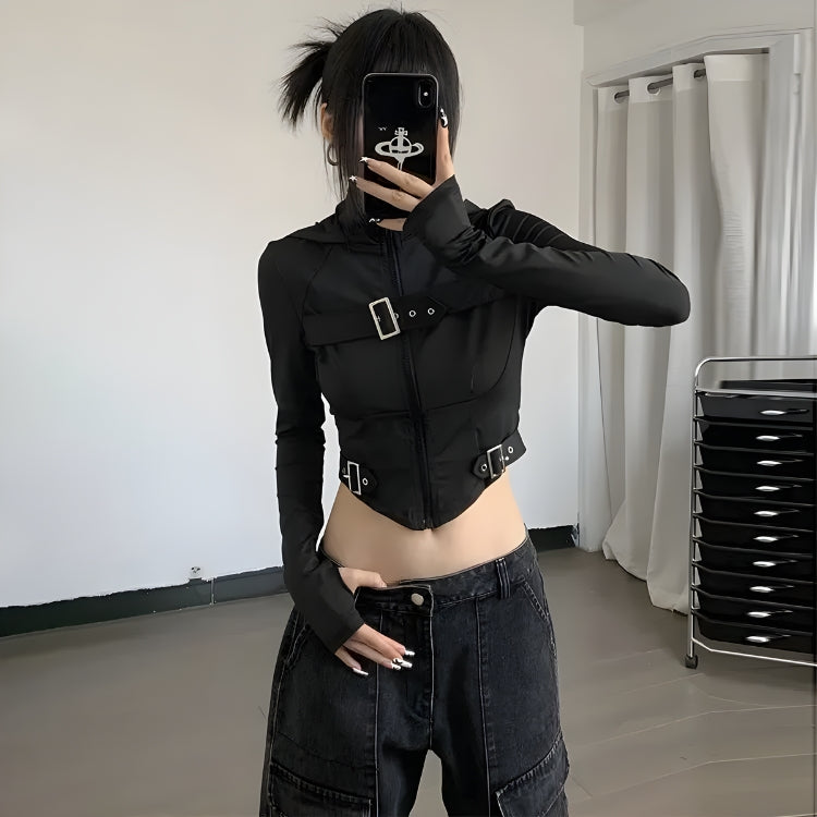 Cyberpunk Belted Zip-Up Crop Jacket