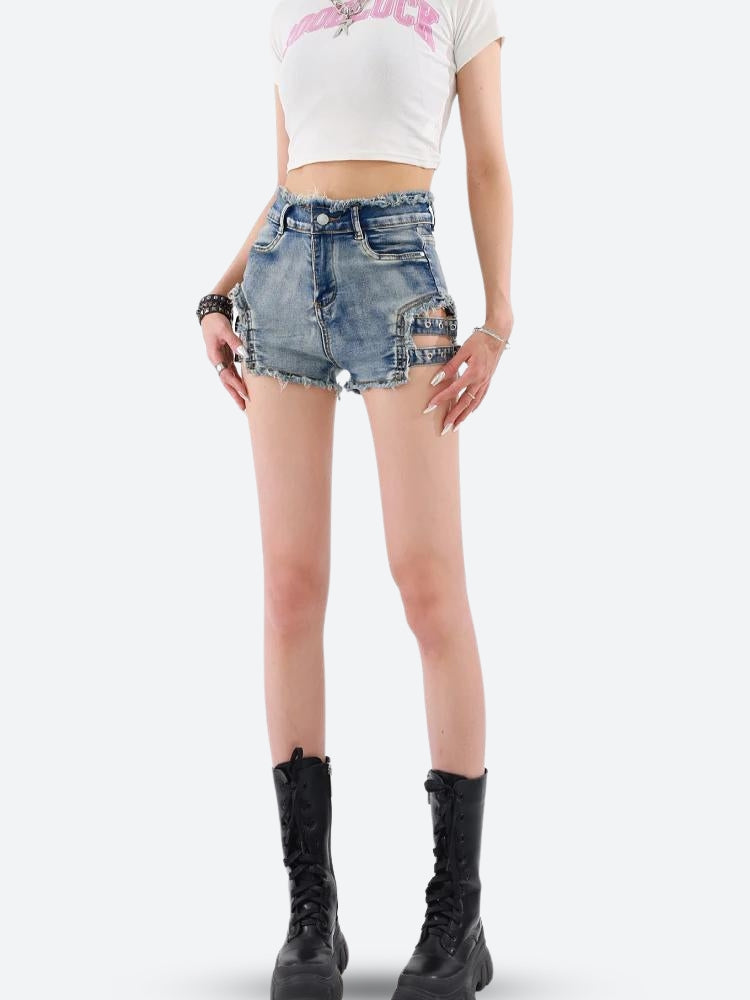 Distressed Cut Out Denim Shorts