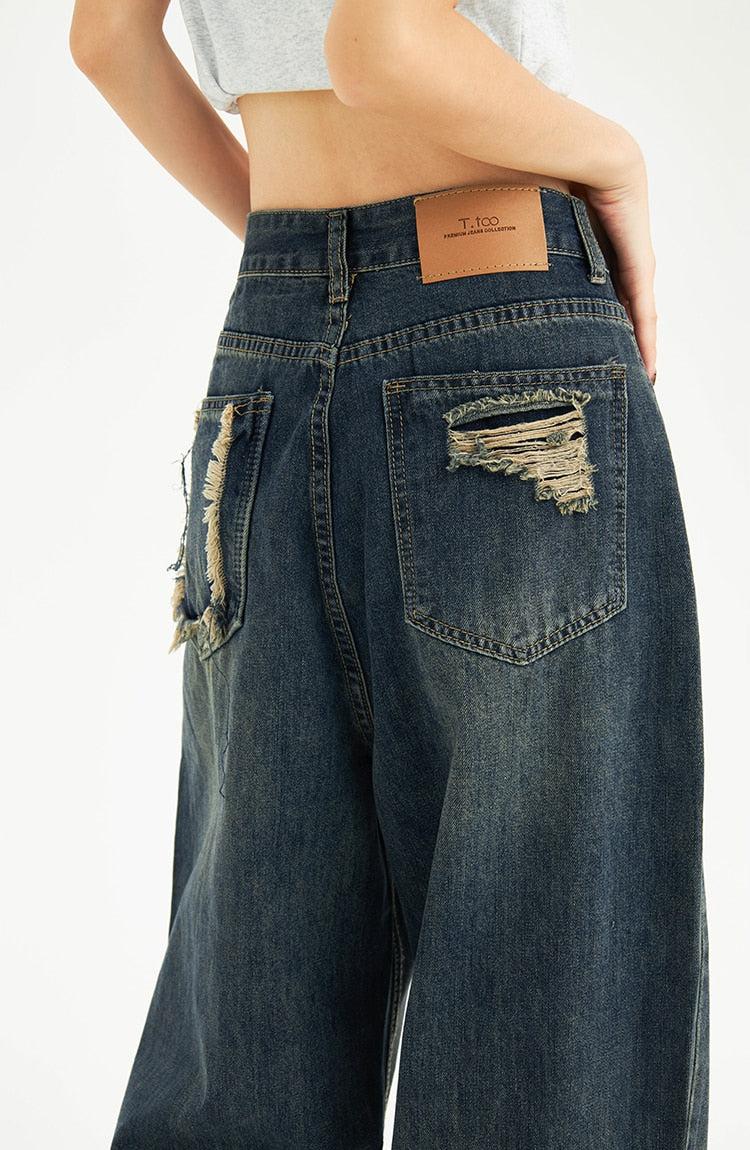 Distressed Pockets Wide Leg Baggy Jeans