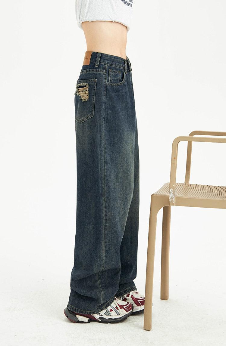 Distressed Pockets Wide Leg Baggy Jeans