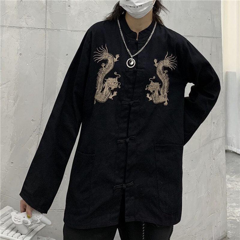 Dragon Embroidery Mandarin Collar Shirt