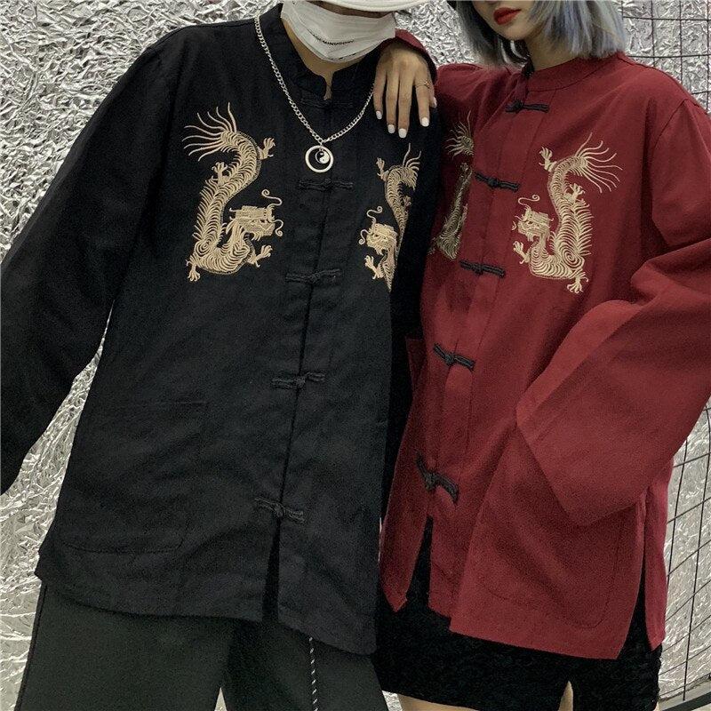 Dragon Embroidery Mandarin Collar Shirt