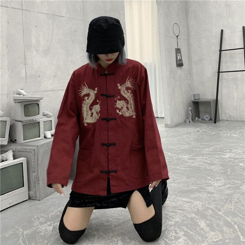 Dragon Embroidery Mandarin Collar Shirt