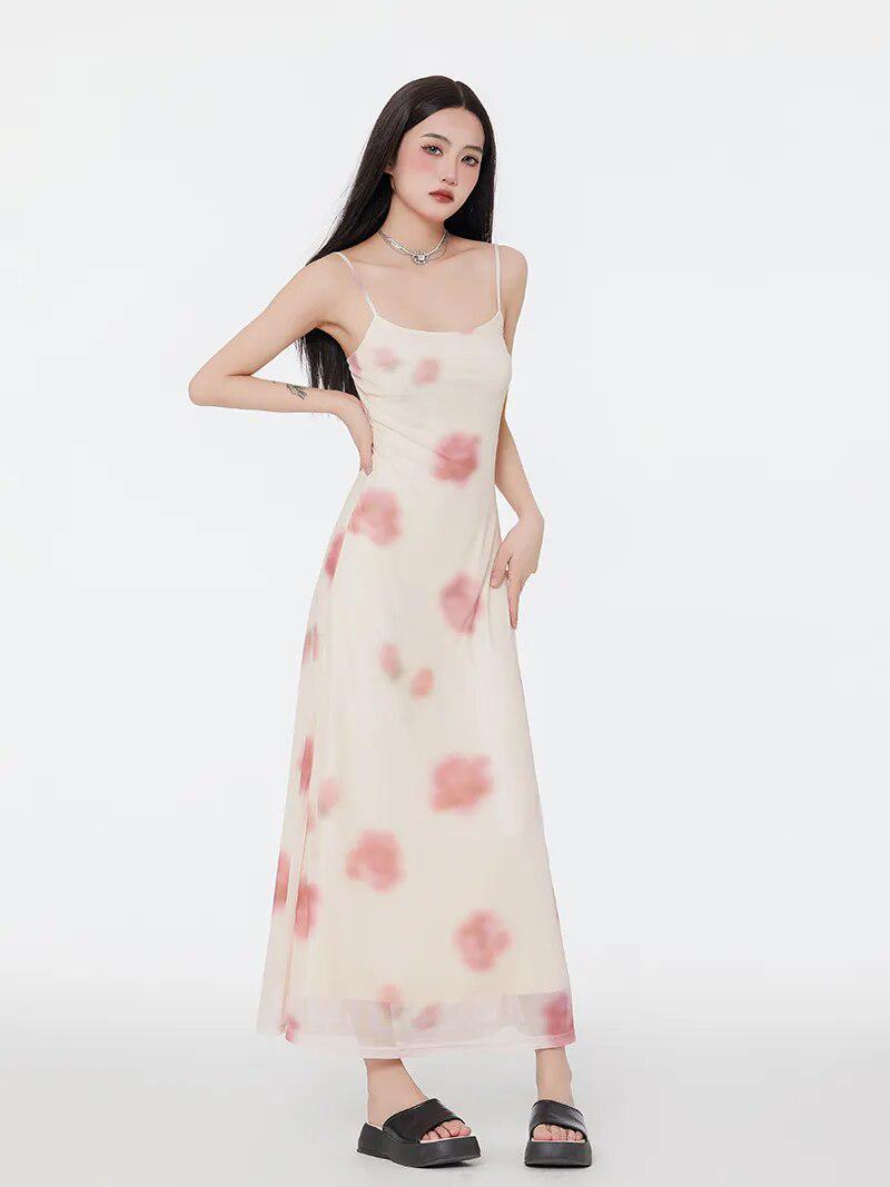 Floral Mesh Spaghetti Strap Maxi Dress