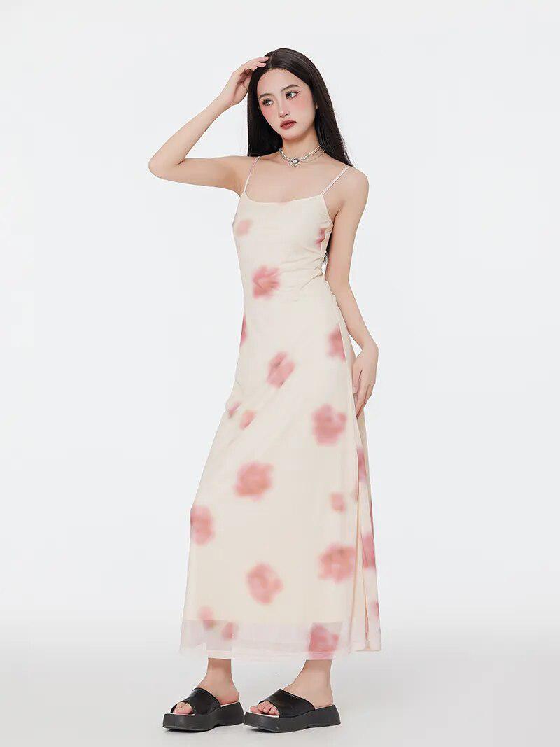 Floral Mesh Spaghetti Strap Maxi Dress