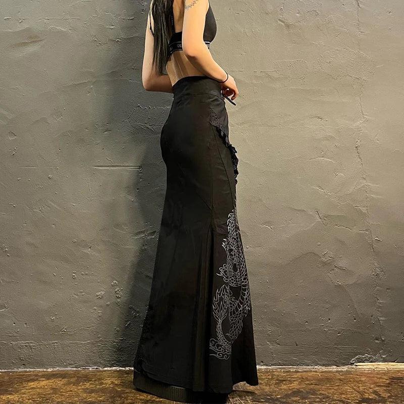 Gothic Dragon Printed Maxi Skirt