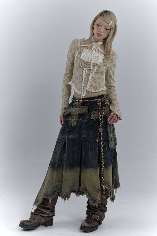 Grunge Cross Patch Pleated Maxi Skirt