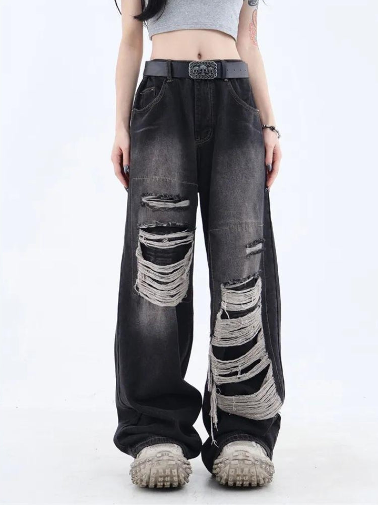 Grunge Dark Wash Distressed Jeans