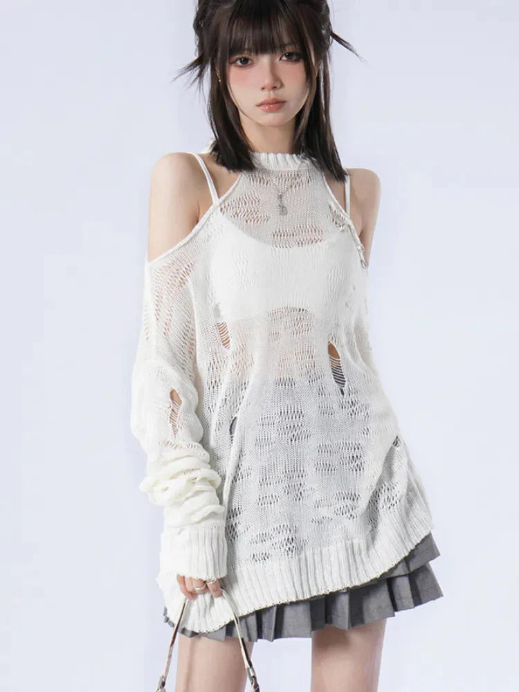 Grunge Distressed Cut-Out Fine Knitted Sweater