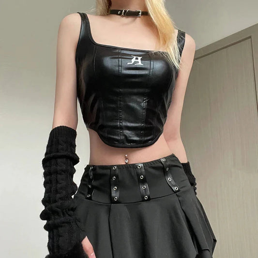 Grunge Faux Leather Crop Corset Top