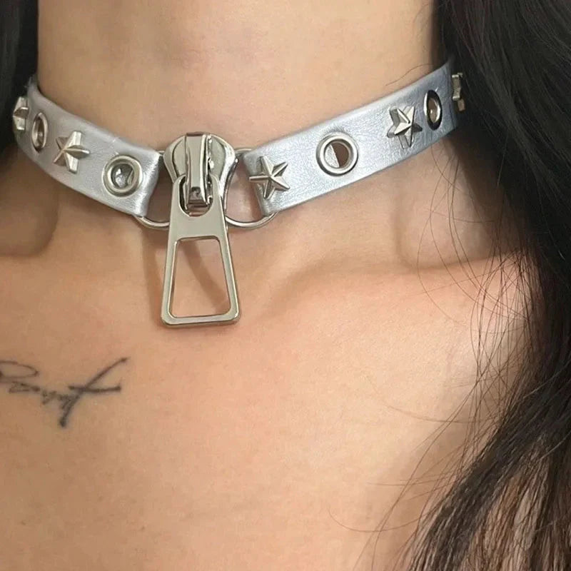 Grunge Zip Pendant Choker Necklace