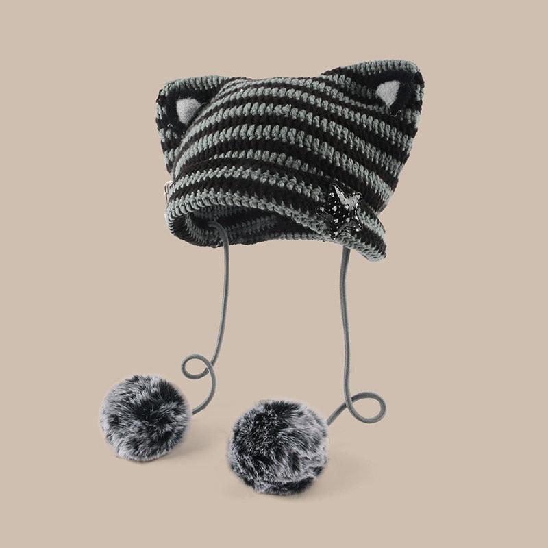 Kawaii Cat Ear Pom-Pom Beanie