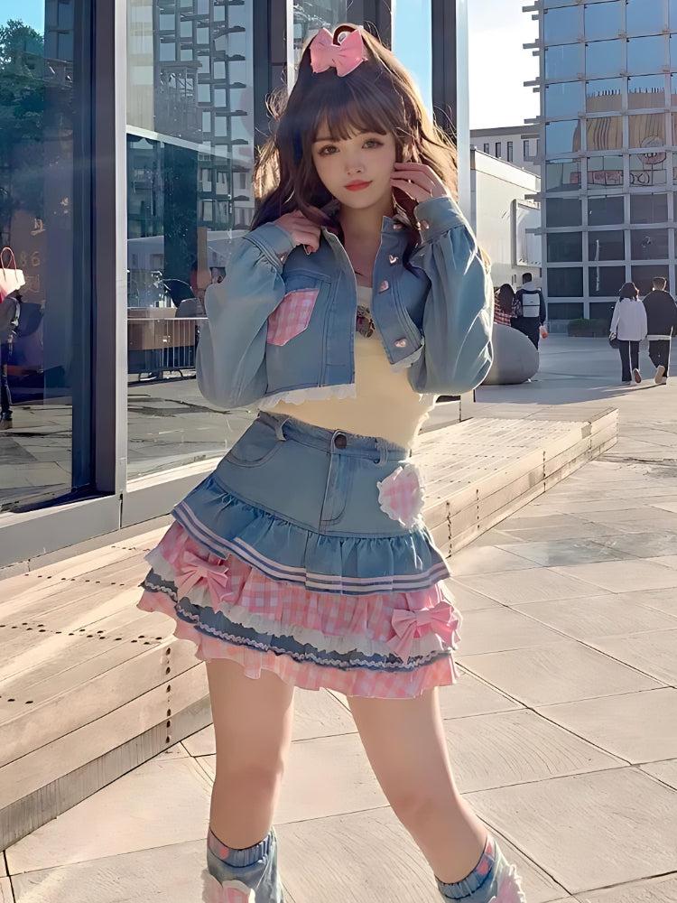 Kawaii Layered Denim Mini Skirt