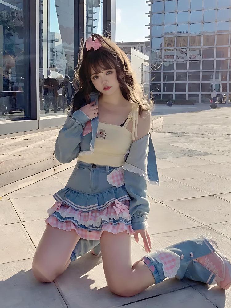 Kawaii Layered Denim Mini Skirt