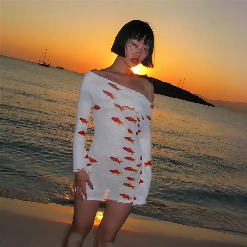 Koi Fish Printed Mesh Mini Dress