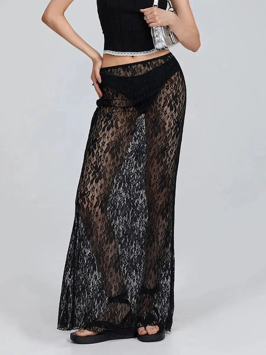 Lace Sheer Low Rise Maxi Skirt