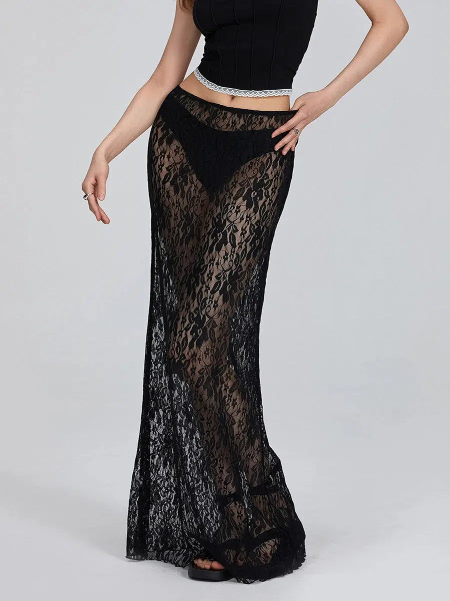 Lace Sheer Low Rise Maxi Skirt