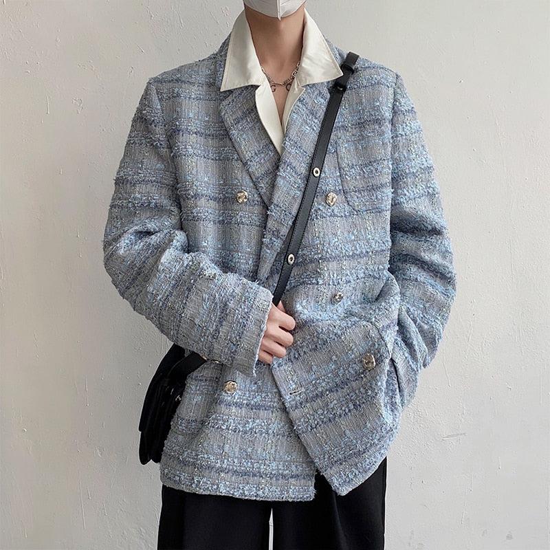 Lapel Collar Blue Tweed Blazer