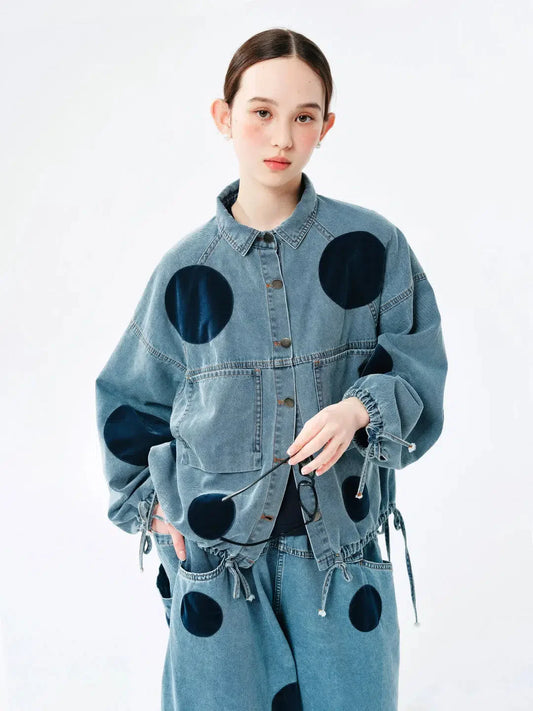 Polka Dot Button Up Denim Jacket