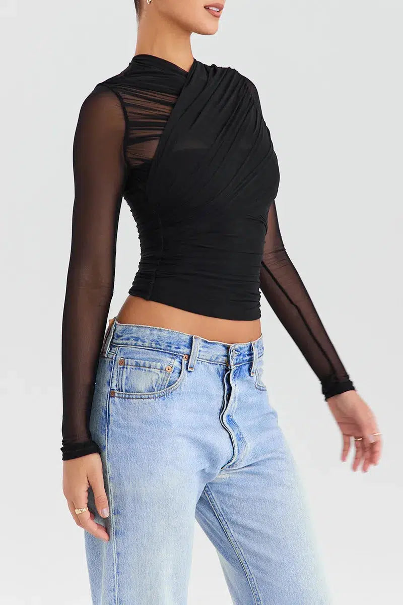 Ruched Sheer Zip-Up Mesh Top