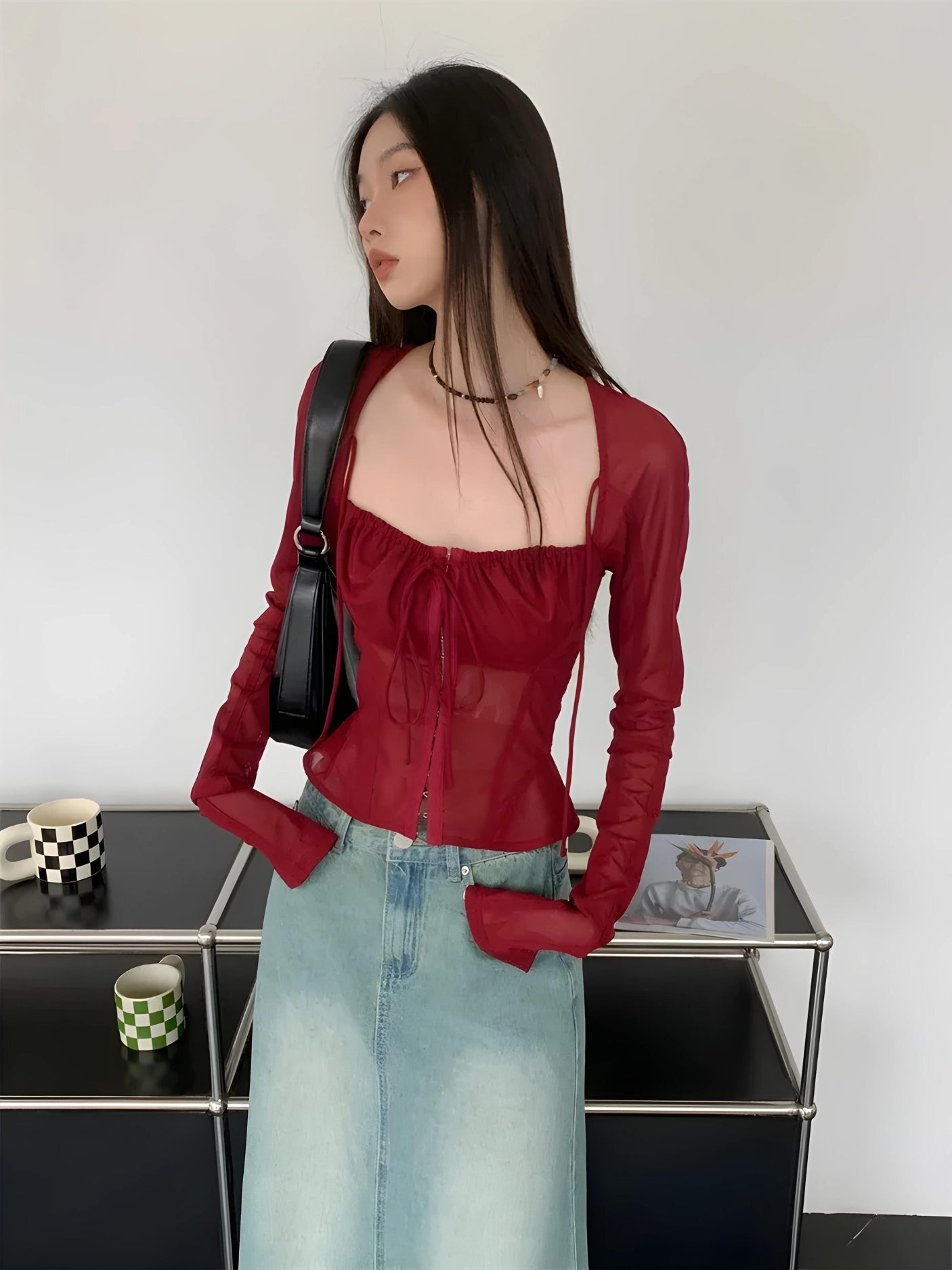 Sheer Ruched Lace Up Blouse