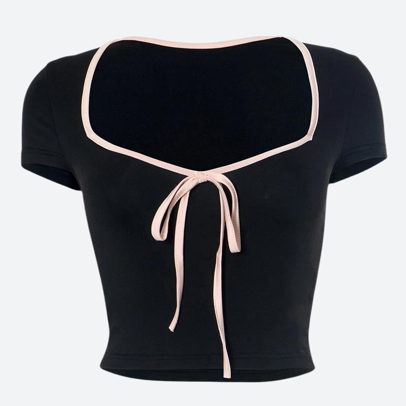 Soft Girl Bow Sweetheart Neckline Top