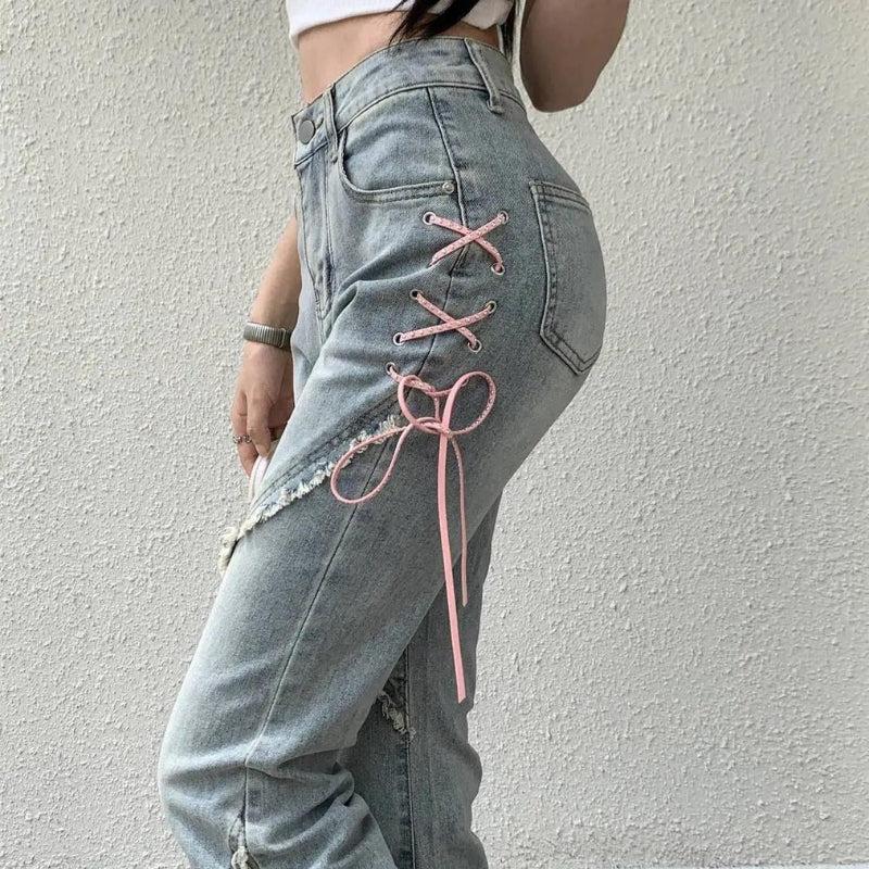 Soft Girl Lace Up Slit Flare Jeans