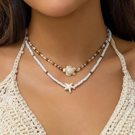 Starfish & Turtle Beaded Two-Pack Necklace Set