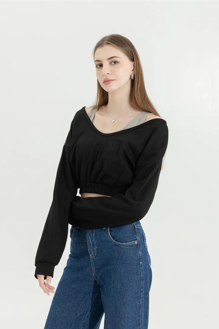 Strap Detailed Wide Neck Crop Sweatshirt