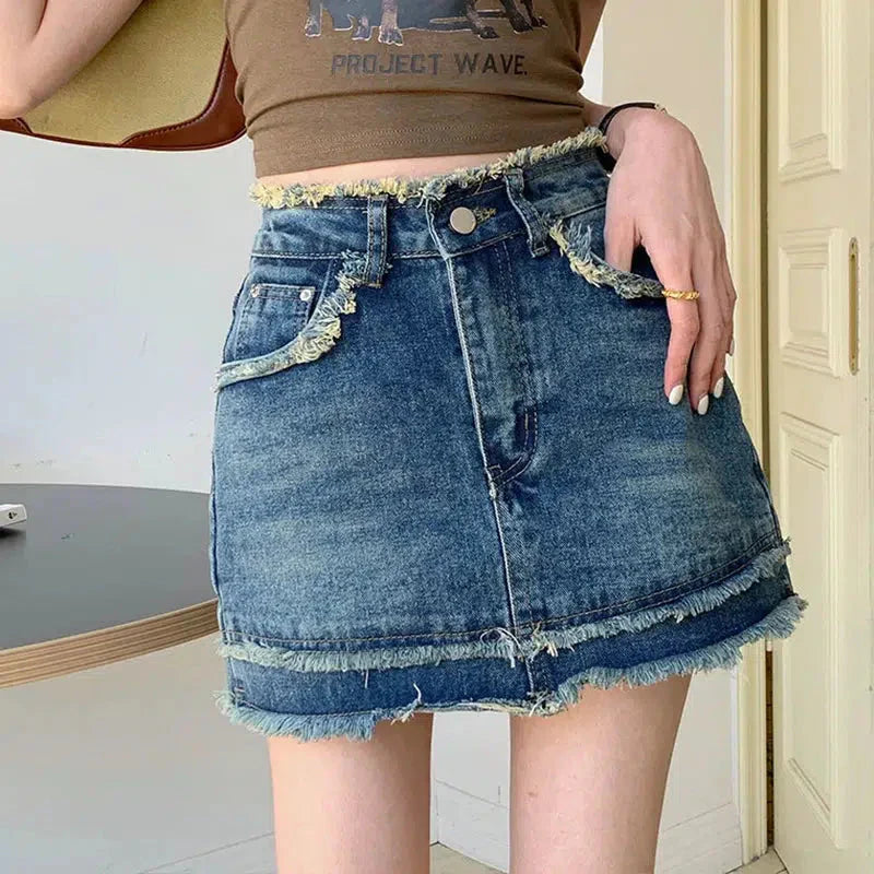 Tasseled Denim Mini Skort